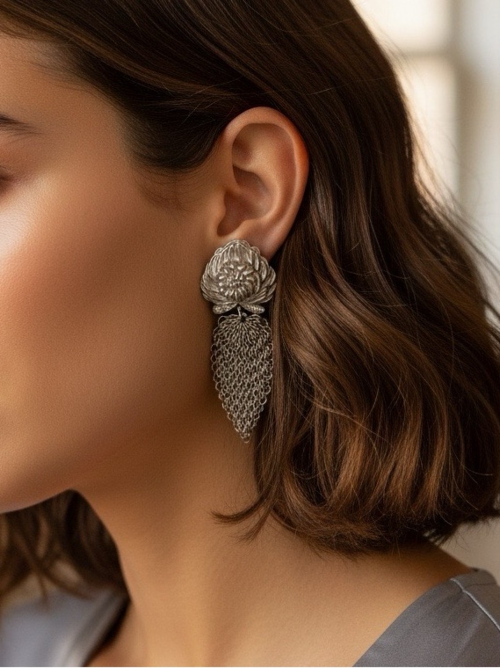 Whiting & Davis Floral Mesh Dangle Earrings